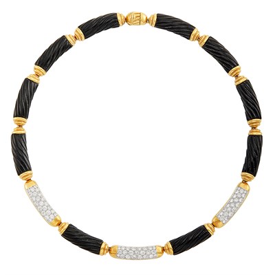 Lot 51 - Two-Color Gold, Fluted Black Onyx and Diamond Necklace