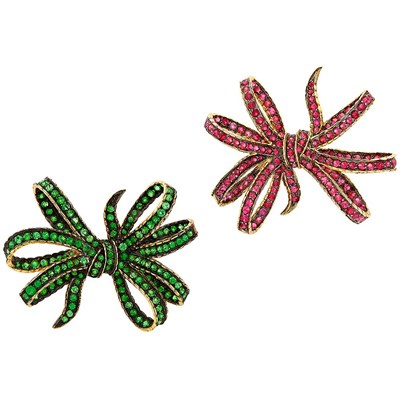 Lot 178 - Pair of Gold, Green Garnet and Red Spinel Bow Clip-Brooches