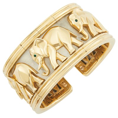 Lot 3 - Two-Color Gold and Emerald Elephant Cuff Bangle Bracelet, Cartier, France