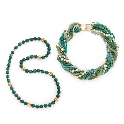 Lot 1453 - Malachite and Gold Bead Necklace and Ten Strand Green Turquoise Bead and Cultured Pearl Torsade Necklace