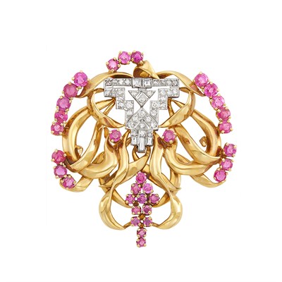 Lot 368 - Gold, Platinum, Ruby and Diamond Clip-Brooch