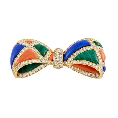 Lot 386 - Gold, Hardstone and Diamond Bow Clip-Brooch, Van Cleef & Arpels, France