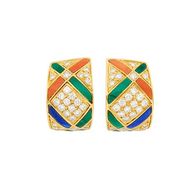 Lot 387 - Pair of Gold, Diamond and Hardstone Hoop Earclips, Van Cleef & Arpels, France