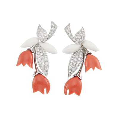 Lot 159 - Pair of White Gold, Coral, White Coral and Diamond 'Cardamine' Earclips, Van Cleef & Arpels, France