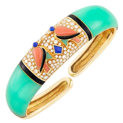 Lot 382 - Gold, Diamond, Green Chrysoprase and Hardstone Love Bird Bangle Bracelet, Van Cleef & Arpels, France