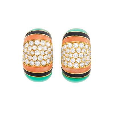 Lot 383 - Pair of Gold, Diamond, Green Chrysoprase, Coral and Black Onyx Hoop Earclips, Van Cleef & Arpels