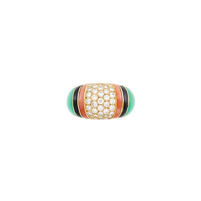 Lot 381 - Gold, Diamond, Green Chrysoprase, Coral and Black Onyx Bombé Ring, Van Cleef & Arpels, France