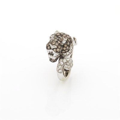 Lot 1988 - White and Blackened Gold, Diamond and Brown Diamond Panther Ring