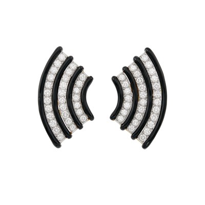 Lot 54 - Pair of Two-Color Gold, Diamond and Black Enamel Earclips
