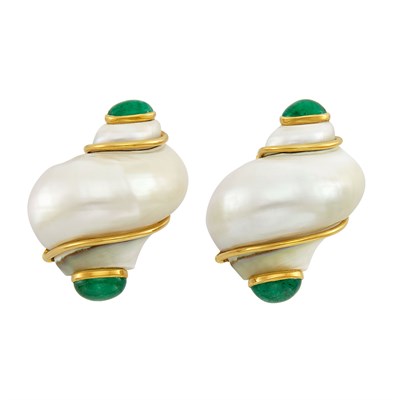 Lot 568 - Pair of Gold, Shell and Cabochon Emerald Earclips, Seaman Schepps