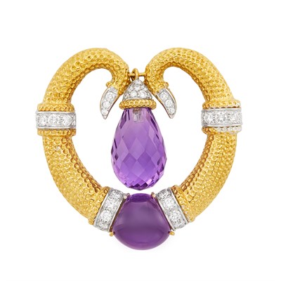 Lot 413 - Two-Color Gold, Amethyst and Diamond Clip-Brooch