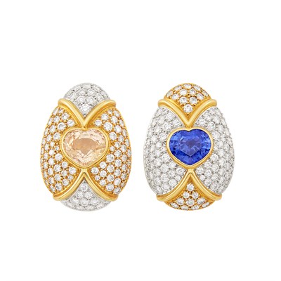 Lot 35 - Pair of Gold, Platinum, Multicolored Sapphire and Diamond Earclips