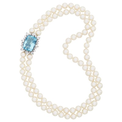 Lot 578 - Double Strand Cultured Pearl Necklace with White Gold, Aquamarine and Diamond Clasp