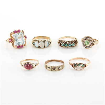 Lot 1285 - Seven Low Karat Gold, Gold-Filled and Gem-Set Rings