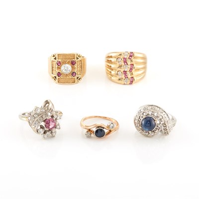 Lot 2089 - Five Gold, Platinum, Diamond and Gem-Set Rings