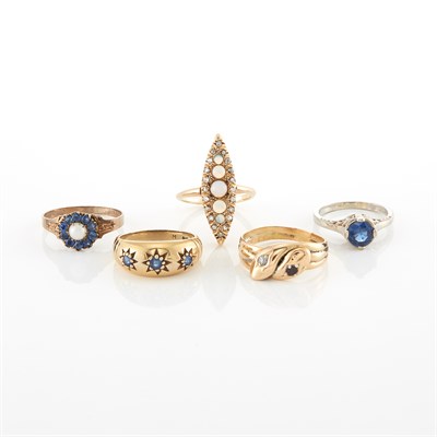 Lot 1275 - Five Gold, Low Karat Gold, Metal and Gem-Set and Antique Rings