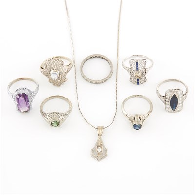 Lot 1876 - White Gold, Platinum, Diamond and Gem-Set Pendant with Chain Necklace and Seven Rings