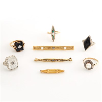 Lot 1881 - Group of Gold, Metal and Gem-Set Rings and Bar Pins