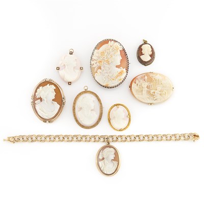 Lot 1347 - Eight Gold, Low Karat Gold and Metal Cameo Pins, Pendants and Bracelet