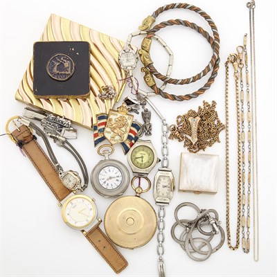 Lot 1382 - Group of Silver, Metal, Gold and Gem-Set Timepieces, Charms, Chains and Boxes