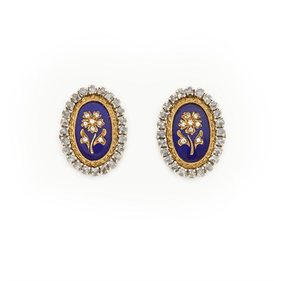 Lot 1692 - Pair of Two-Color Gold, Enamel and Diamond Flower Earclips