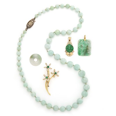 Lot 1584 - Jade Bead Necklace, Three Pendants and Gold, Emerald and Diamond Flower Brooch