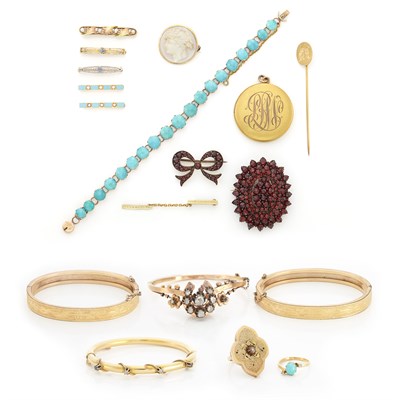 Lot 1333 - Group of Antique Gold, Low Karat Gold, Gilt-Metal, Garnet, Turquoise and Diamond Jewelry