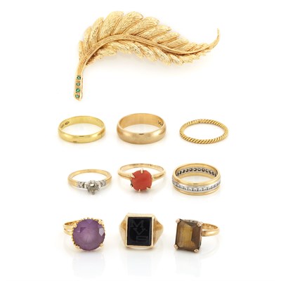 Lot 1307 - Nine Gold, Low Karat Gold, Colored Stone and Diamond Rings and Leaf Pin Brooch