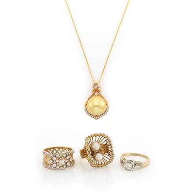 Lot 1726 - Three Gold, Cultured Pearl and Diamond Rings and Golden Pearl and Diamond Pendant with Chain Necklace