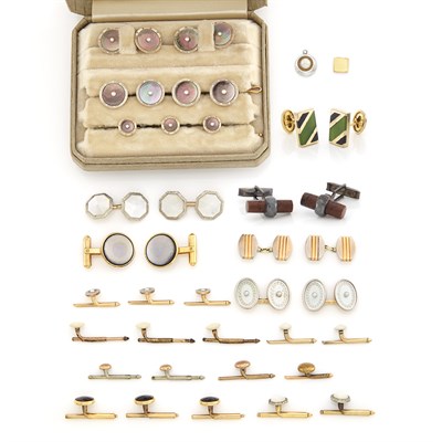 Lot 1352 - Two Gold, Mother-of-Pearl and Pearl Dress Sets, Pair of Two-Color Gold Cufflinks and Group of Metal Cufflinks and Studs