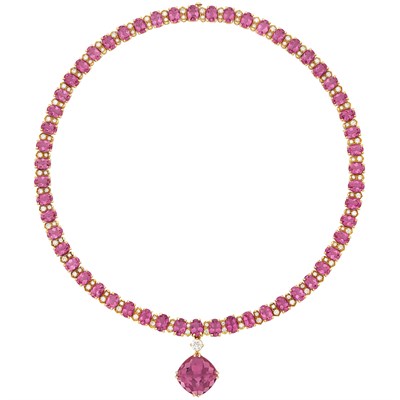 Lot 664 - Gold, Pink Tourmaline and Diamond Pendant-Necklace