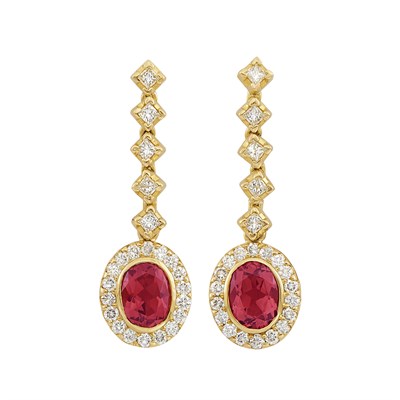 Lot 663 - Pair of Gold, Pink Tourmaline and Diamond Pendant-Earrings