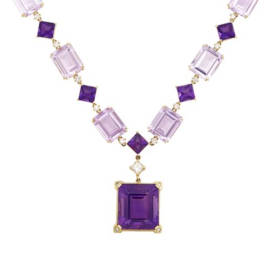 Lot 674 - Gold, Amethyst, 'Rose de France' Amethyst, Cabochon Amethyst and Diamond Pendant-Necklace