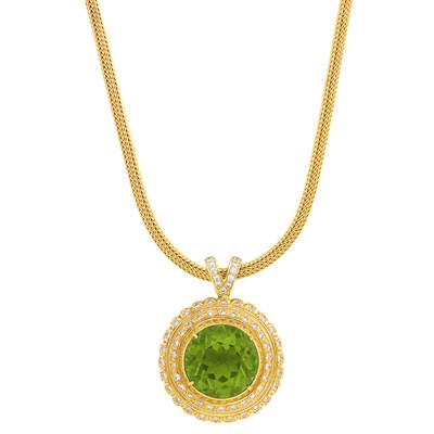 Lot 515 - Gold, Peridot and Diamond Pendant with Woven Mesh Necklace