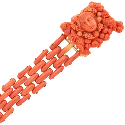 Lot 554 - Antique Five Row Coral Link Bracelet with Gold and Carved Coral Clasp