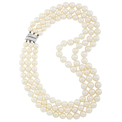 Lot 303 - Triple Strand Cultured Pearl Necklace with Platinum and Diamond Clasp, Van Cleef & Arpels