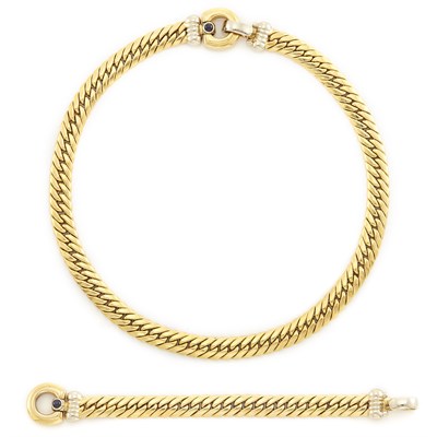 Lot 1947 - Gold and Cabochon Sapphire Curb Link Necklace and Bracelet