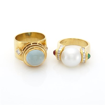 Lot 1956 - Gold, Cabochon Aquamarine and Diamond Ring and Gold, Semi-Baroque South Sea Cultured Pearl, Emerald and Diamond Ring