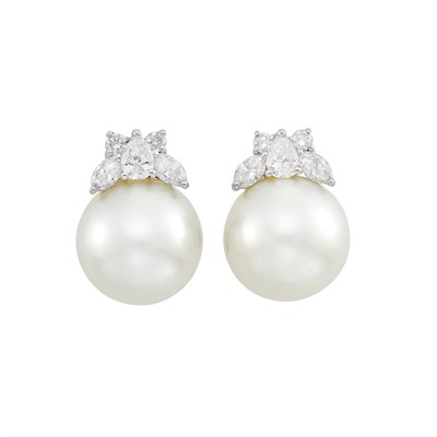 Lot 158 - Pair of White Gold, South Sea Cultured Pearl and Diamond Earrings