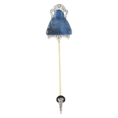 Lot 131 - Antique Platinum-Topped Gold, Diamond, Enamel and Blue Glass Buddha Jabot