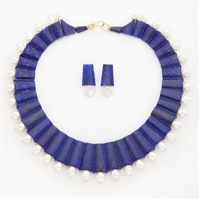 Lot 1651 - Lapis, Freshwater Pearl and Gold Necklace and Pair of Earrings