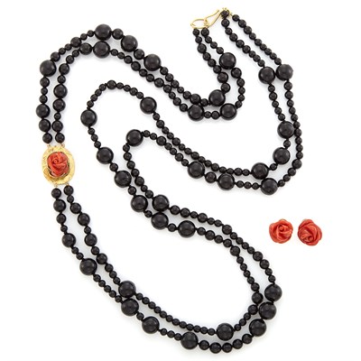 Lot 1724 - Double Strand Black Coral Bead Necklace with Gold and Carved Coral Flower Clasp and Pair of Earrings