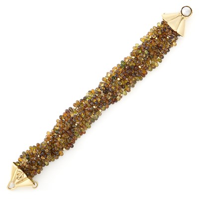 Lot 1606 - Six Strand Multicolored Tourmaline Bead Bracelet with Gold and Cultured Pearl Clasp