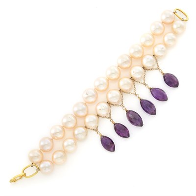 Lot 1161 - Double Strand Freshwater Pearl, Gold and Amethyst Bead Bracelet