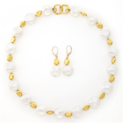 Lot 1610 - Gold and Freshwater Pearl Necklace and Pair of Pendant-Earrings