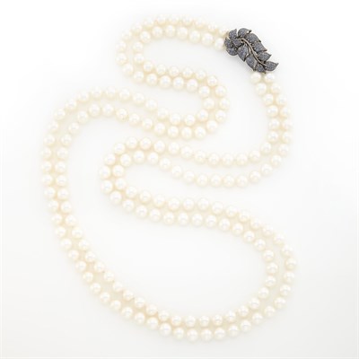 Lot 1673 - Double Strand Freshwater Pearl Necklace with Blackened Gold and Sapphire Leaf Brooch-Clasp