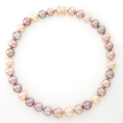 Lot 1637 - Freshwater Pearl Necklace with Carved Angel Skin Coral Flower and Gold Clasp
