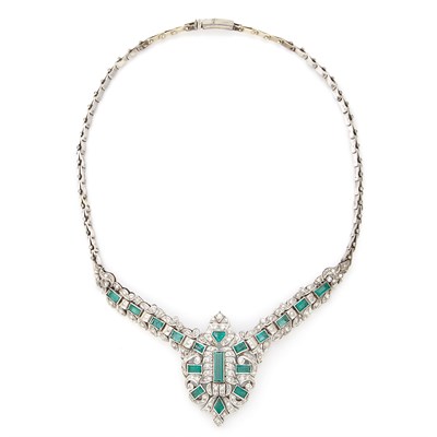 Lot 1206 - Low Karat White Gold, Emerald and Diamond Necklace