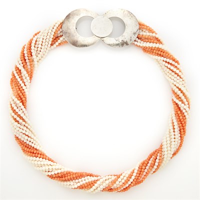 Lot 1105 - Multistrand Orange and White Coral Torsade Necklace with Silver Clasp
