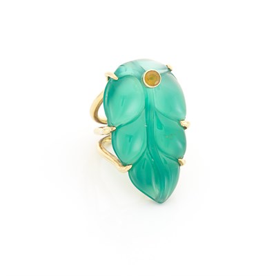 Lot 1559 - Gold, Carved Green Onyx and Yellow Sapphire Leaf Ring